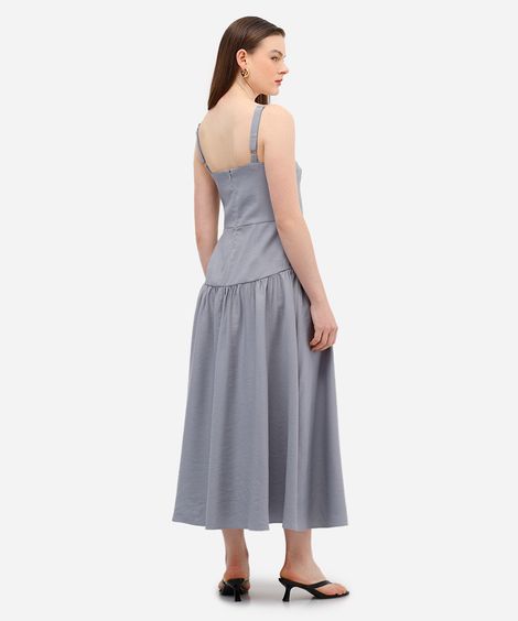 vestido midi feminino de viscose decote quadrado cinza