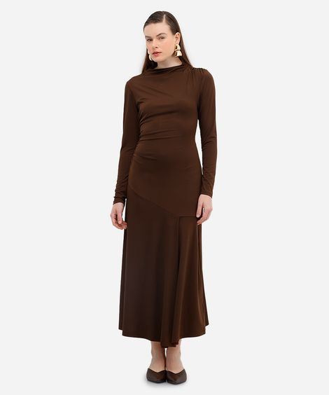 vestido midi feminino manga longa franzido marrom