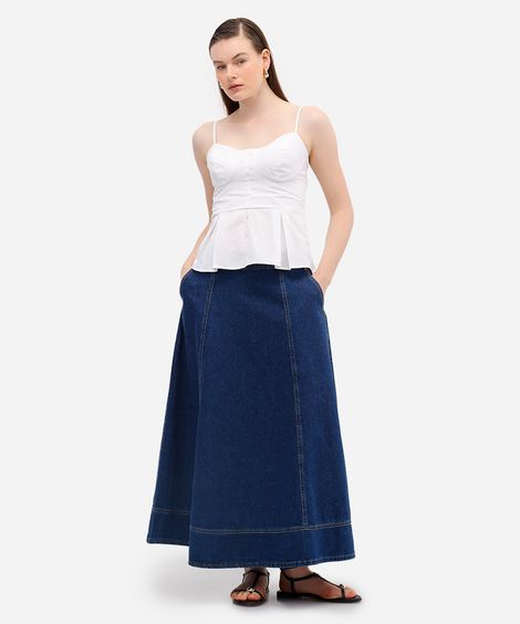 saia longa feminina jeans com recortes azul