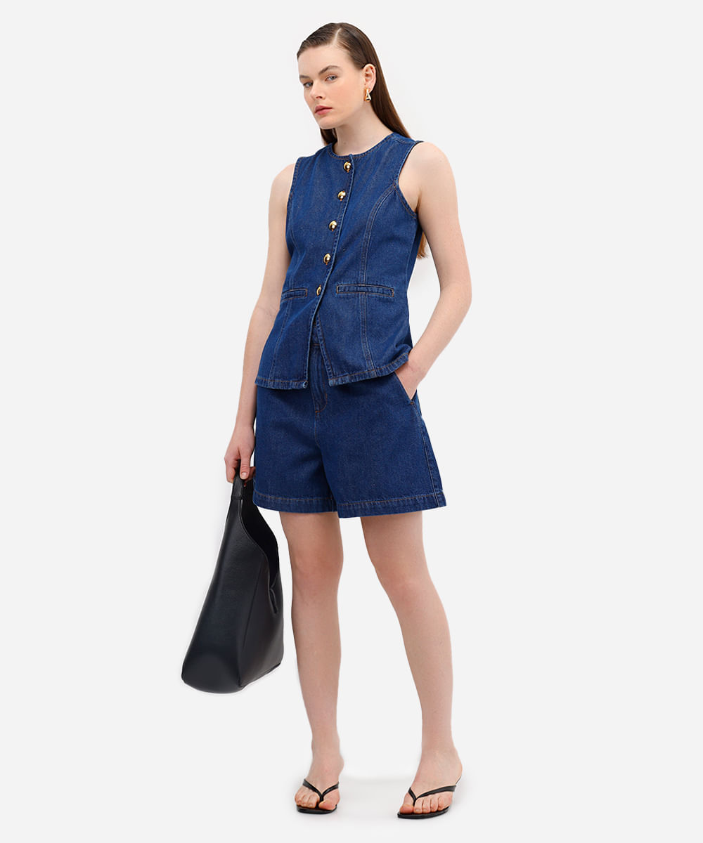 bermuda feminina jeans cintura alta azul