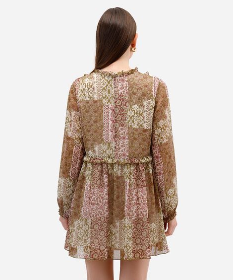 vestido curto texturizado floral com babados bege