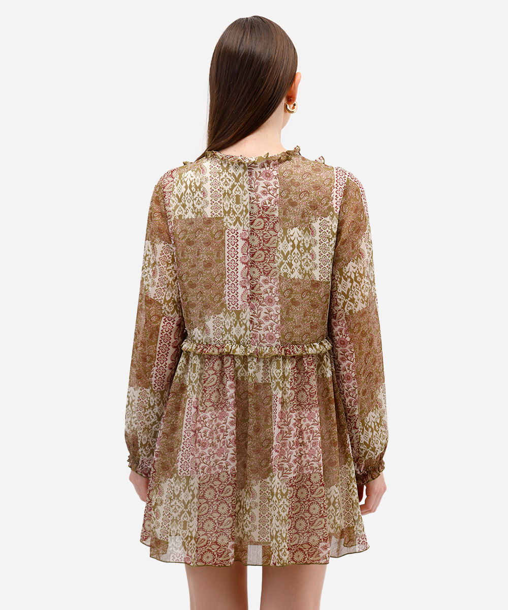 vestido curto texturizado floral com babados bege