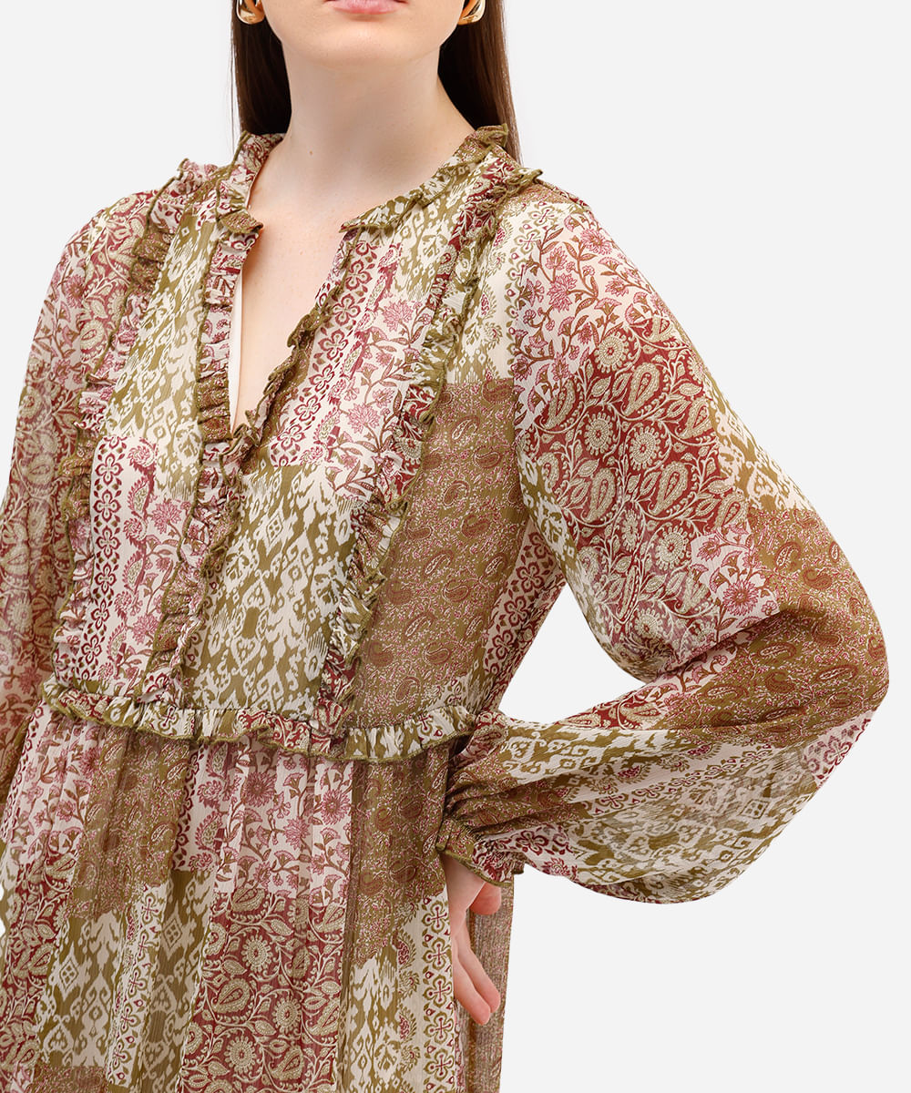 vestido curto texturizado floral com babados bege