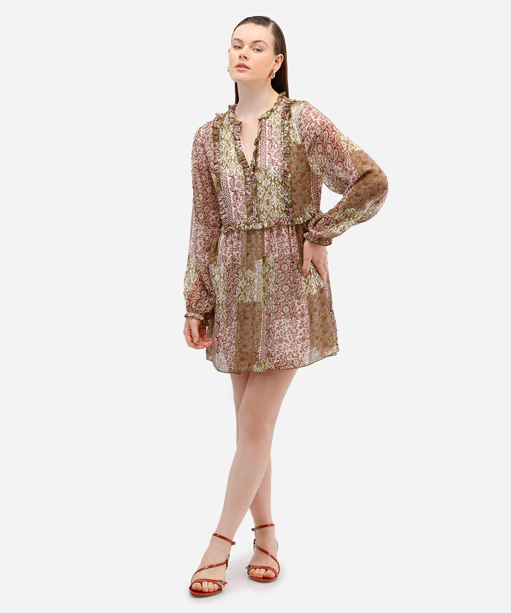 vestido curto texturizado floral com babados bege