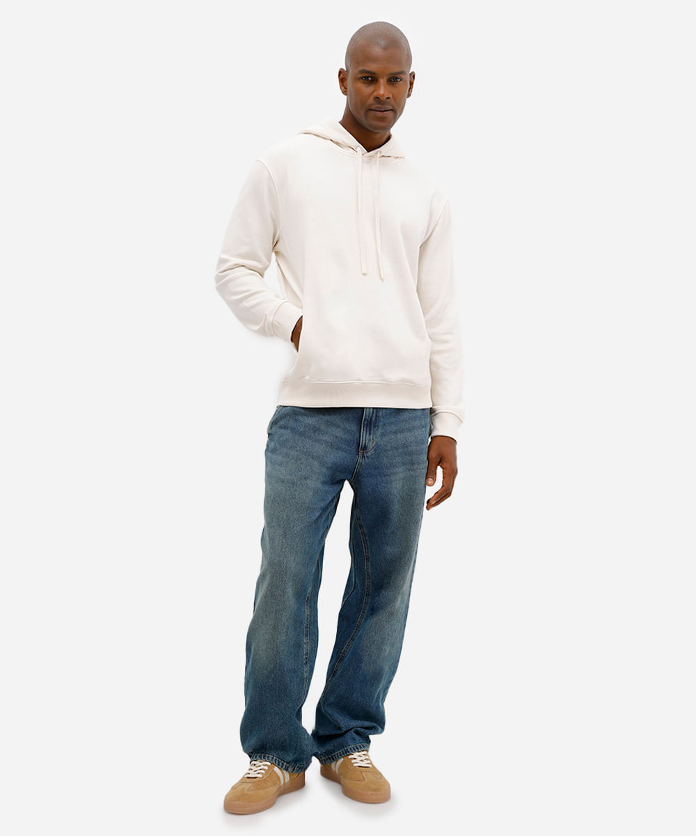 blusão básico masculino de moletom sem felpa com capuz off white