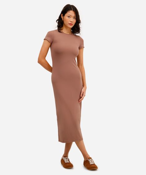 vestido básico feminino de poliamida com fenda marrom