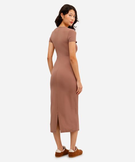 vestido básico feminino de poliamida com fenda marrom