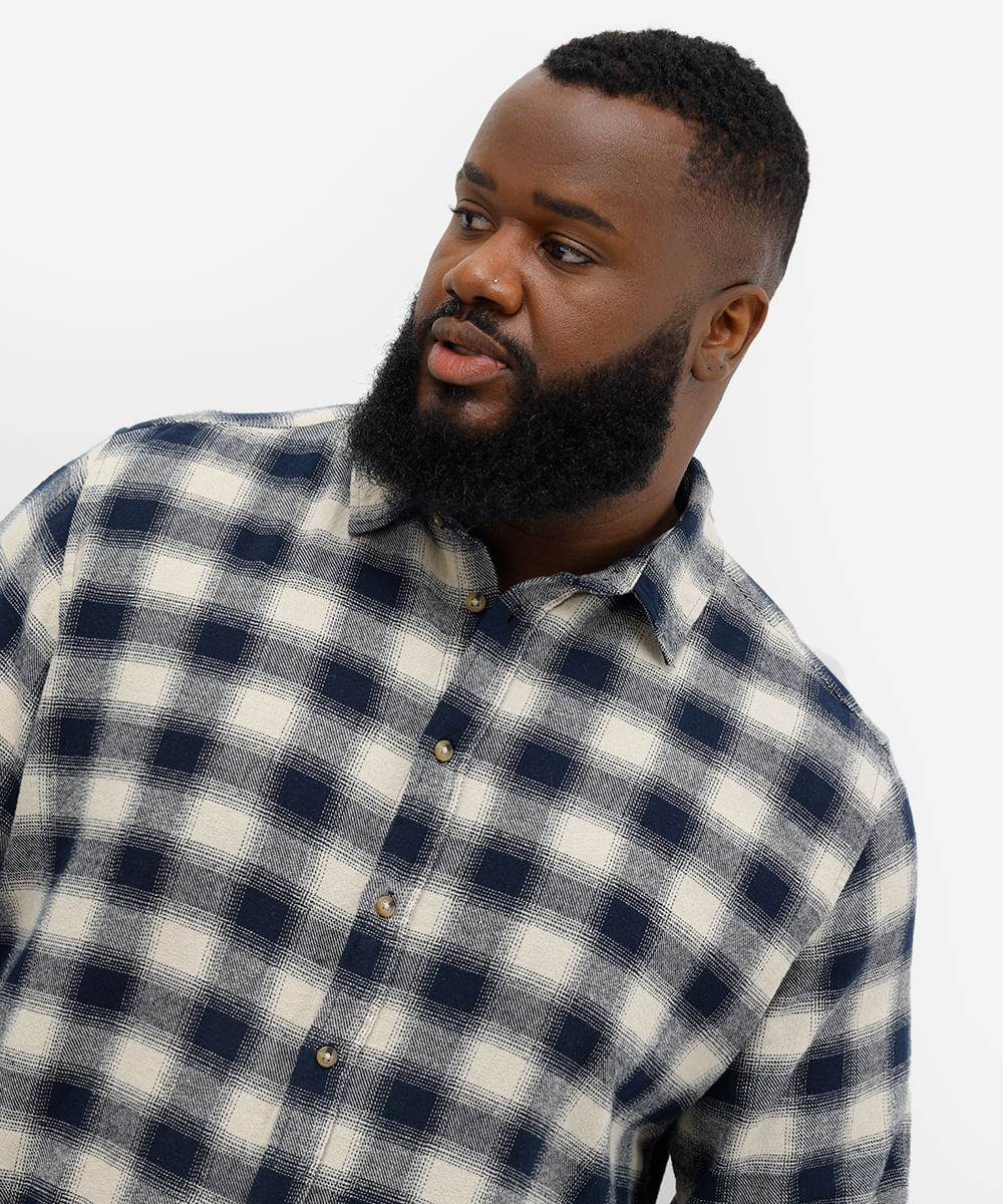 camisa masculina xadrez flanelada plus size azul