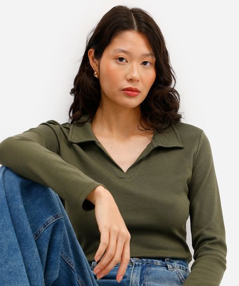 polo básica feminina de algodão manga longa verde