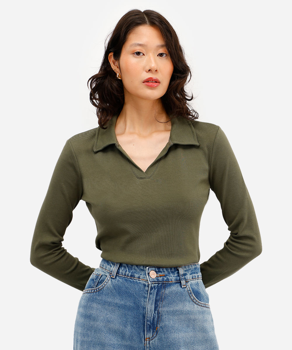 polo básica feminina de algodão manga longa verde