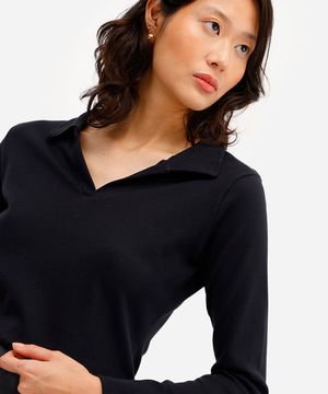 polo básica feminina de algodão manga longa preta