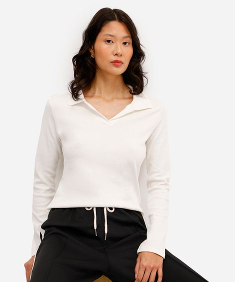 polo básica feminina de algodão manga longa off white