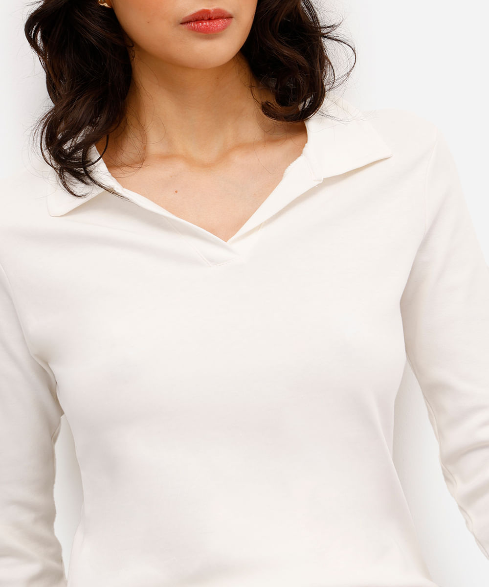polo básica feminina de algodão manga longa off white