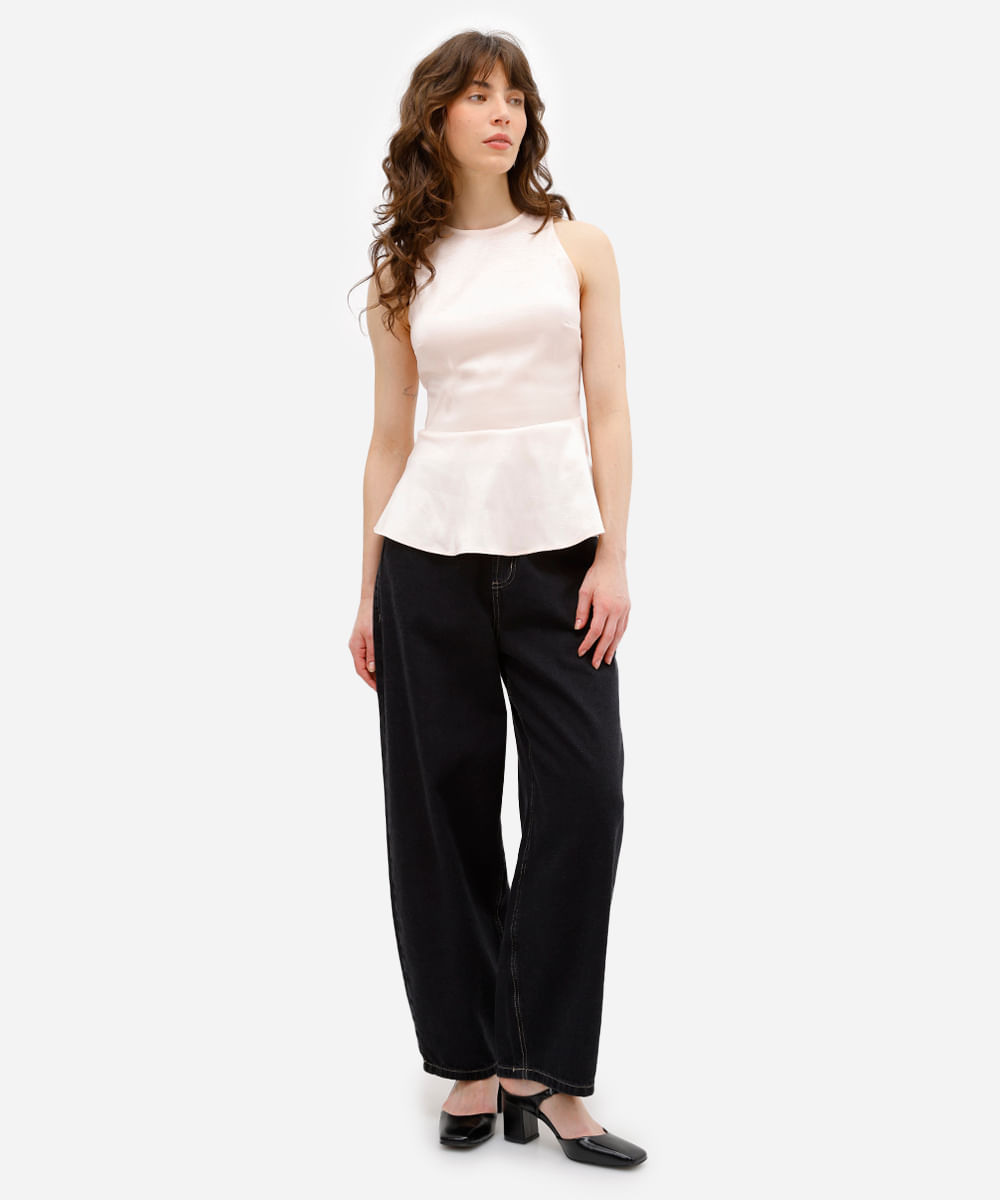 blusa feminina decote redondo com peplum rosa