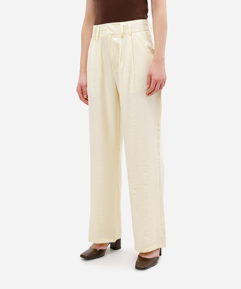 calça wide leg feminina de viscose texturizada amarela