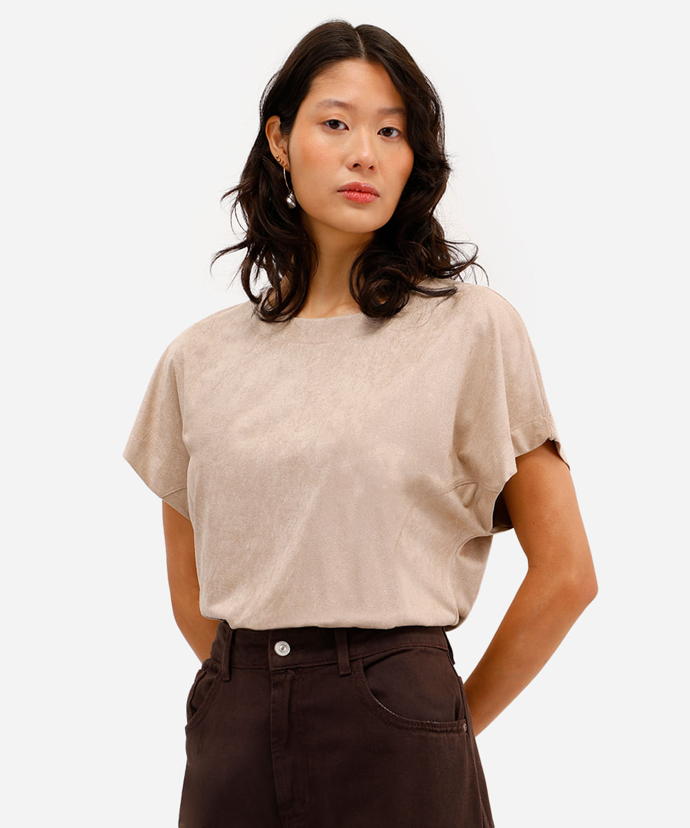 blusa feminina de suede com recorte bege