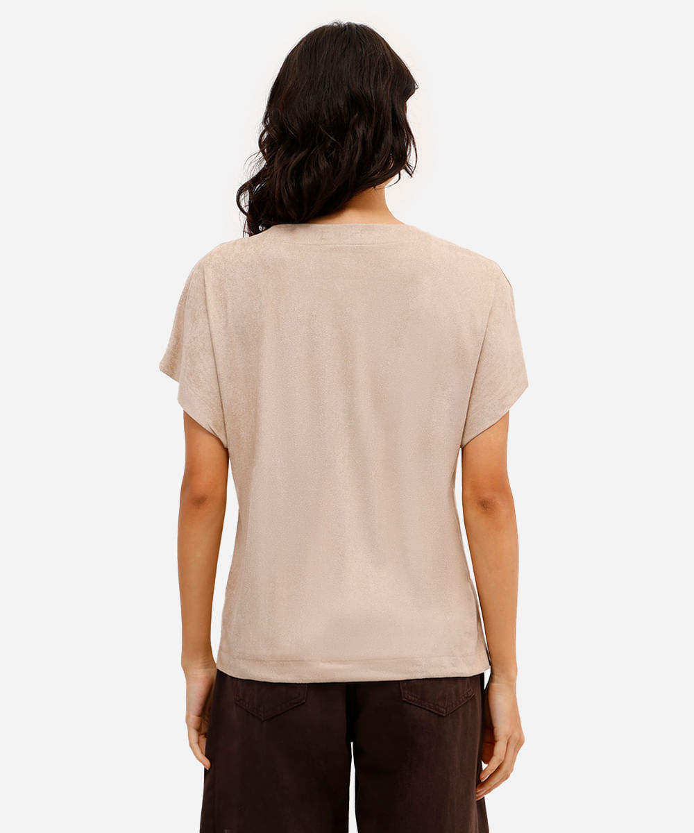 blusa feminina de suede com recorte bege