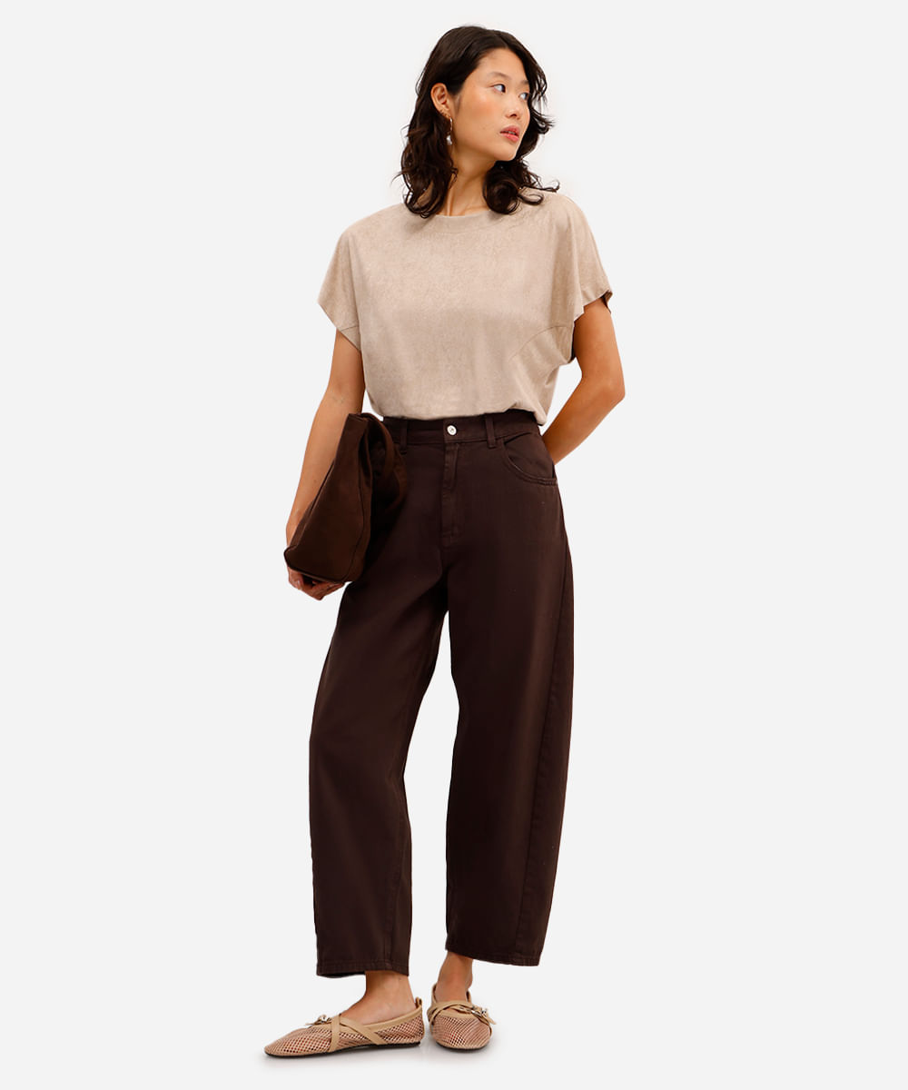 blusa feminina de suede com recorte bege
