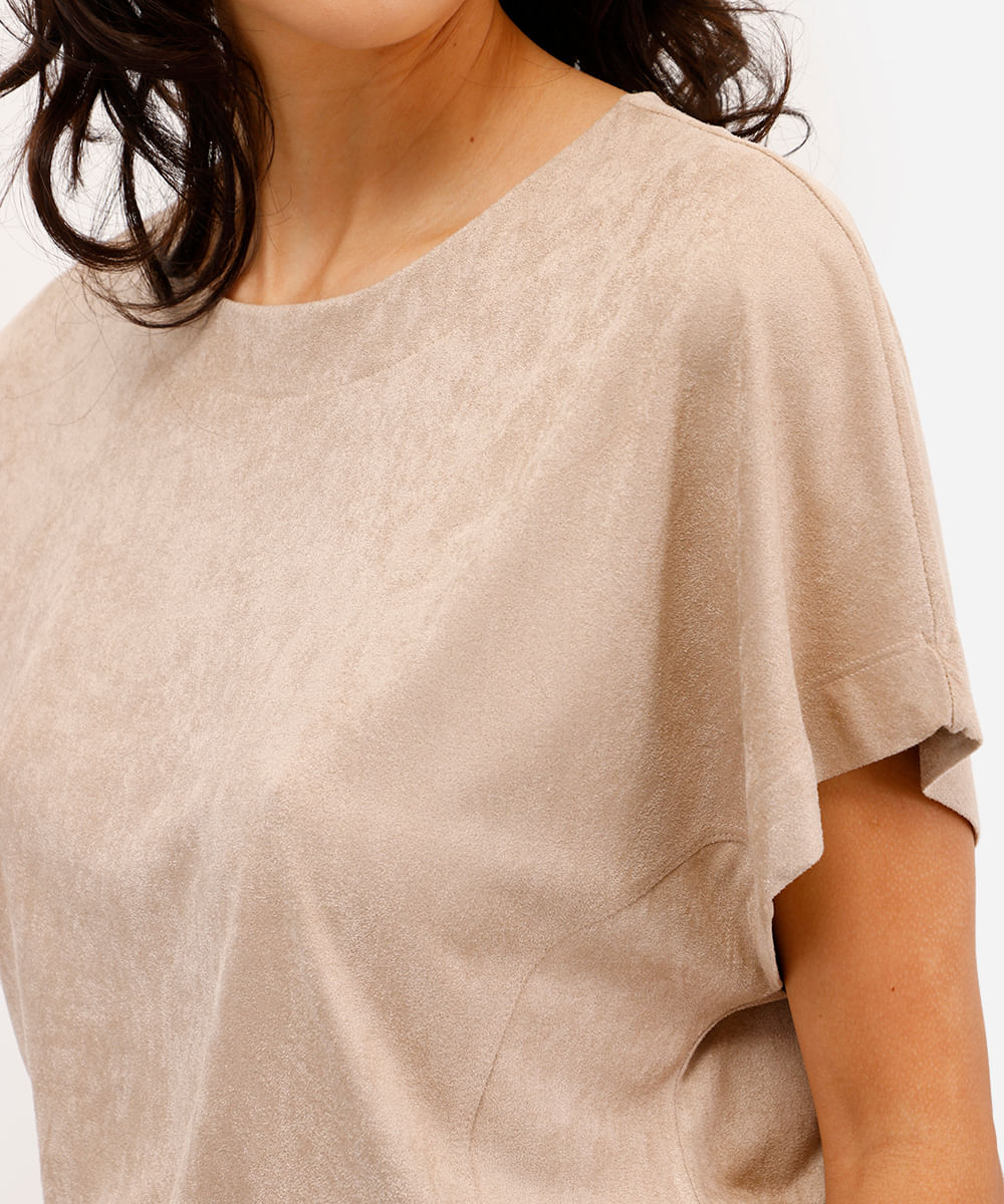 blusa feminina de suede com recorte bege