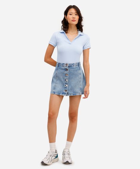 minissaia feminina jeans com recortes e botões azul