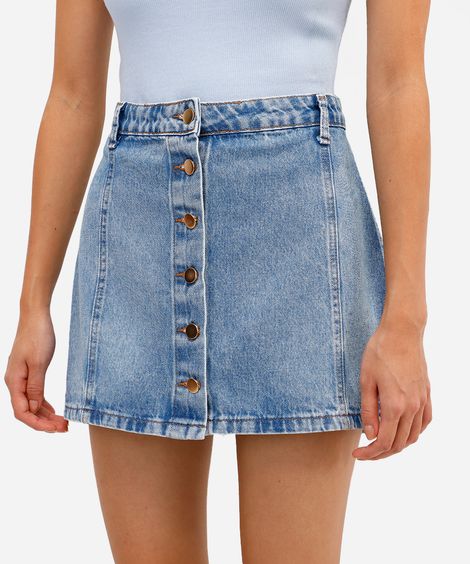 minissaia feminina jeans com recortes e botões azul