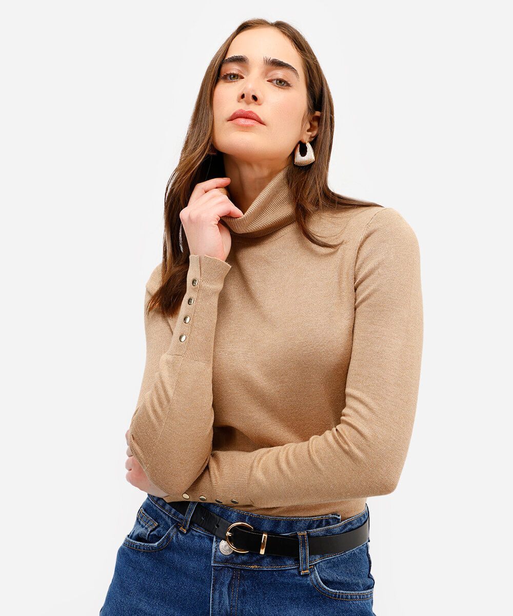 blusa feminina gola alta manga longa botões bege