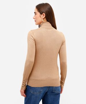 blusa feminina gola alta manga longa botões bege