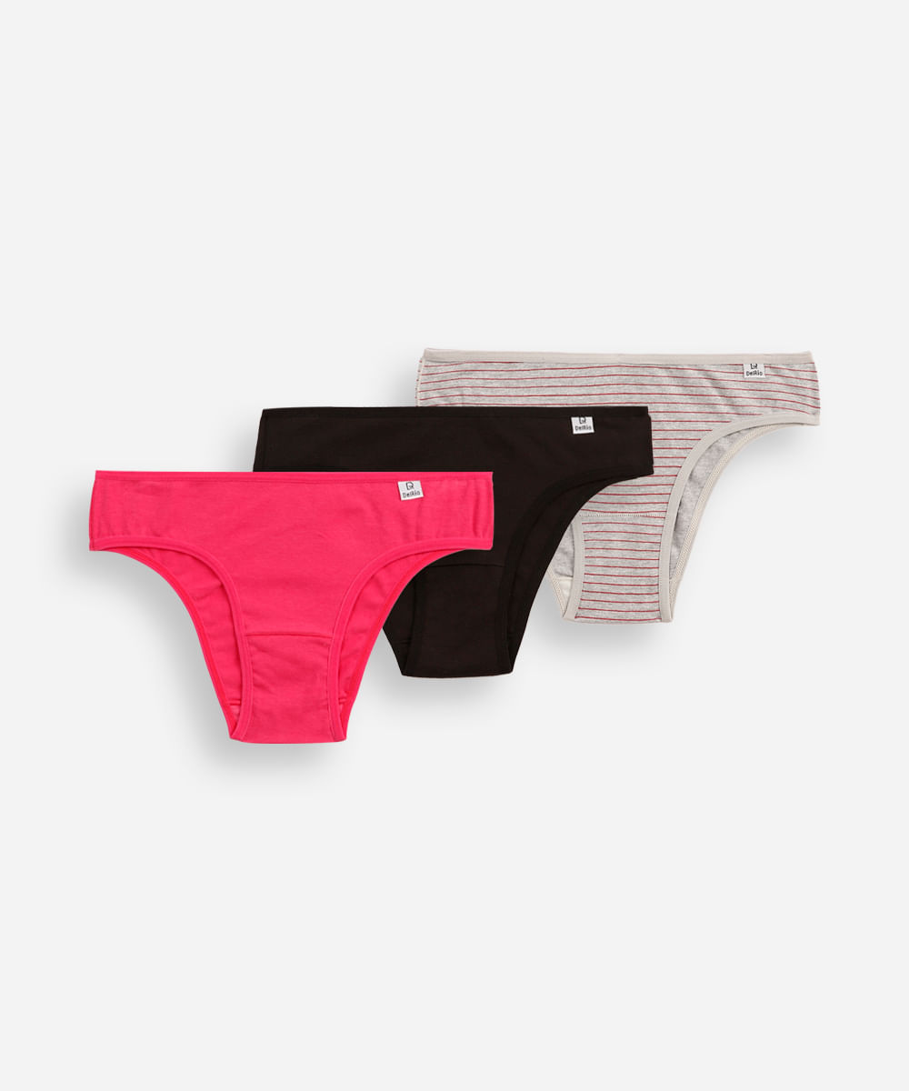 kit de 3 calcinhas biquíni de algodão delrio colorido