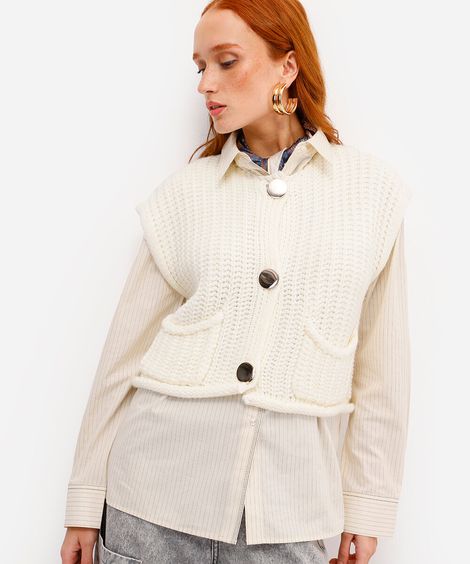 colete feminino de tricot com bolsos off white