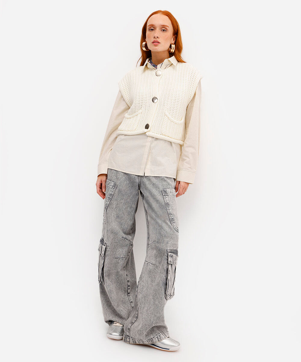 colete feminino de tricot com bolsos off white