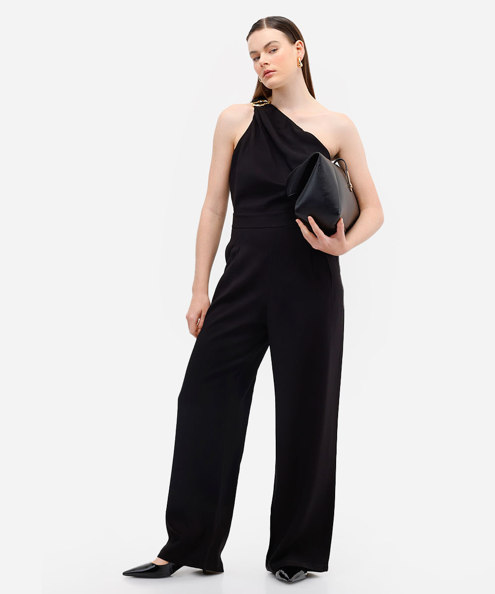 macacão ombro único feminino de viscose preto