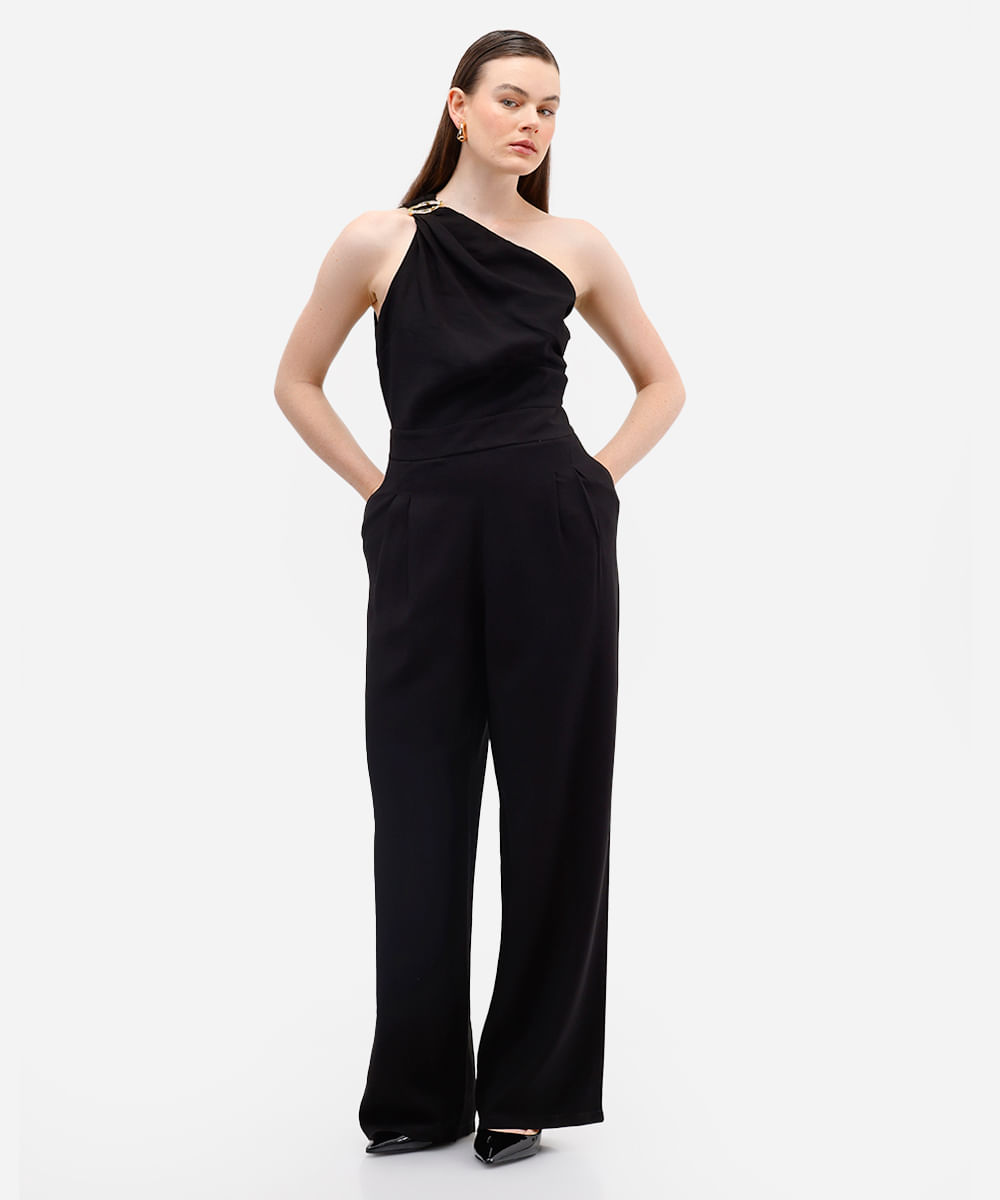 macacão ombro único feminino de viscose preto