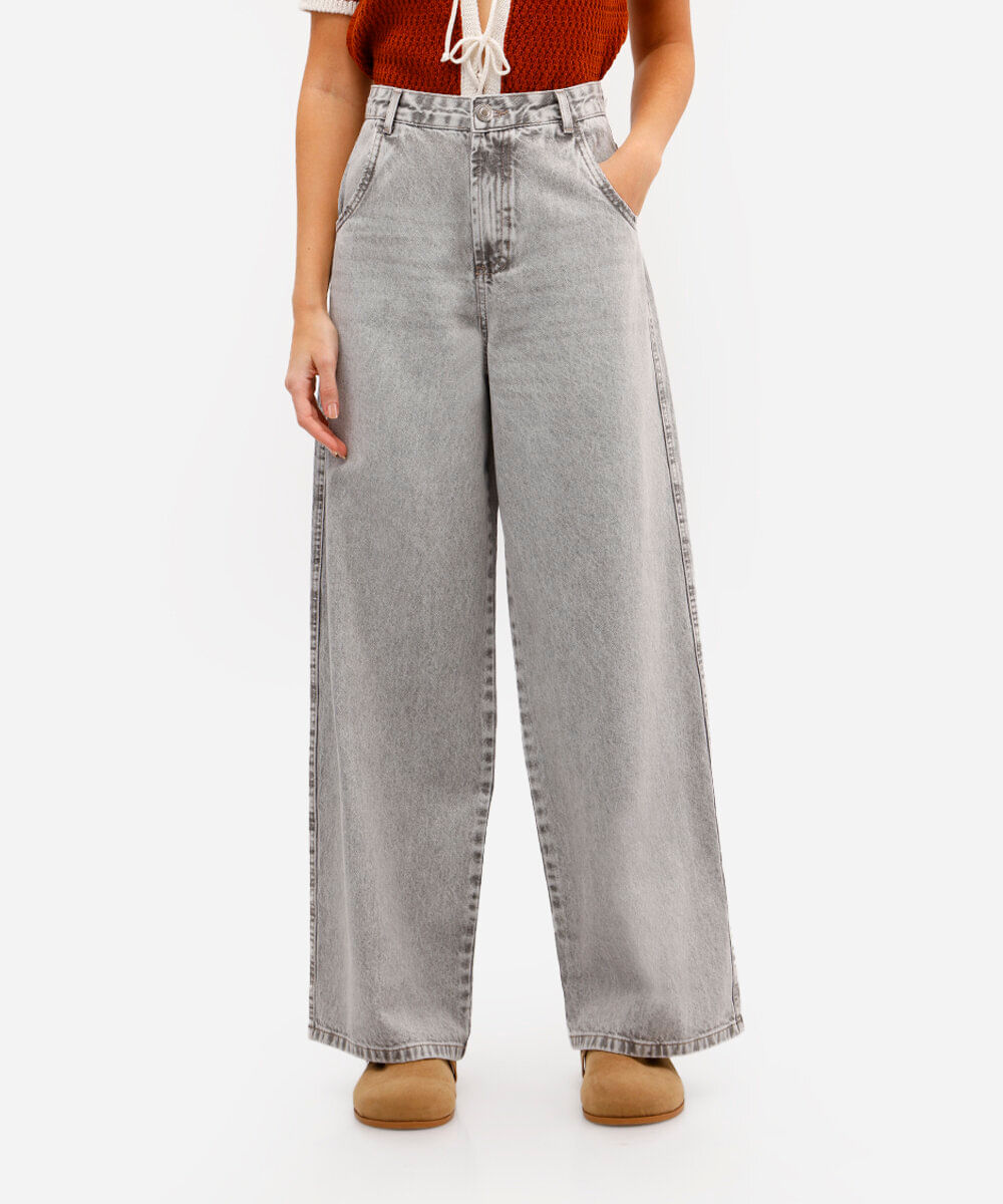 calça jeans skater cintura média - cinza