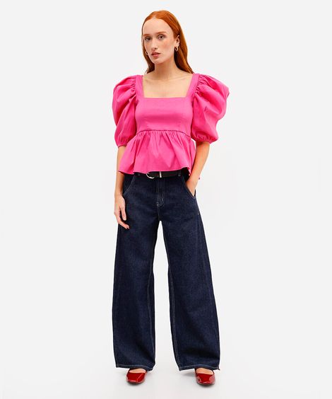 calça oversized feminina jeans cintura média azul