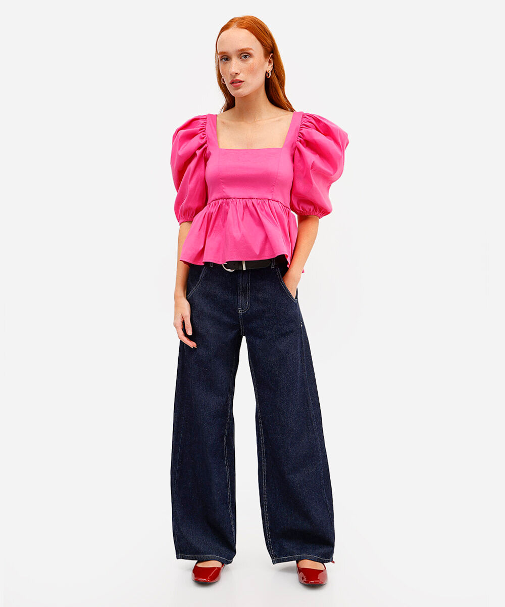 calça oversized feminina jeans cintura média azul