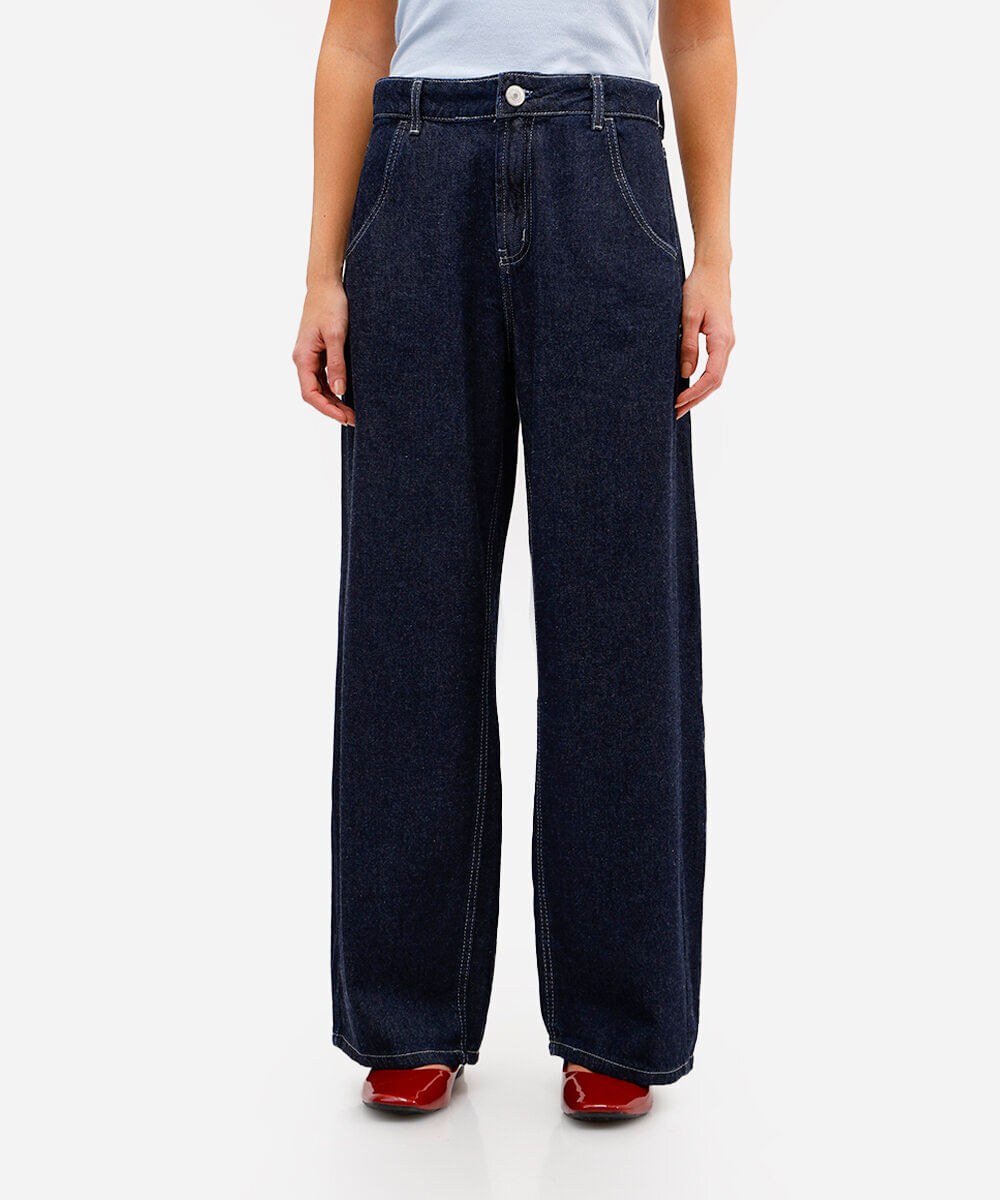 calça oversized feminina jeans cintura média azul