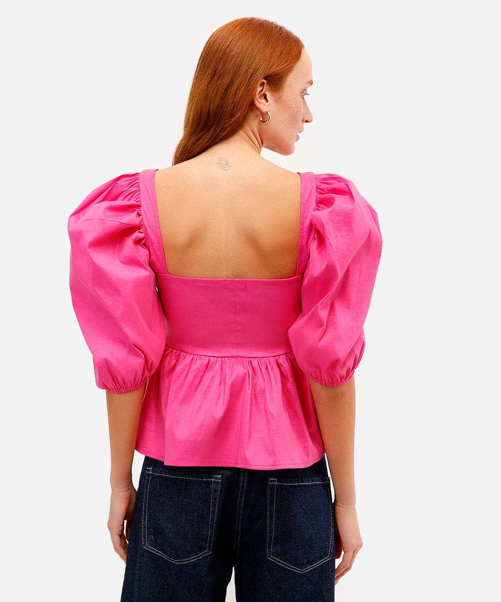 blusa peplum feminina manga bufante rosa