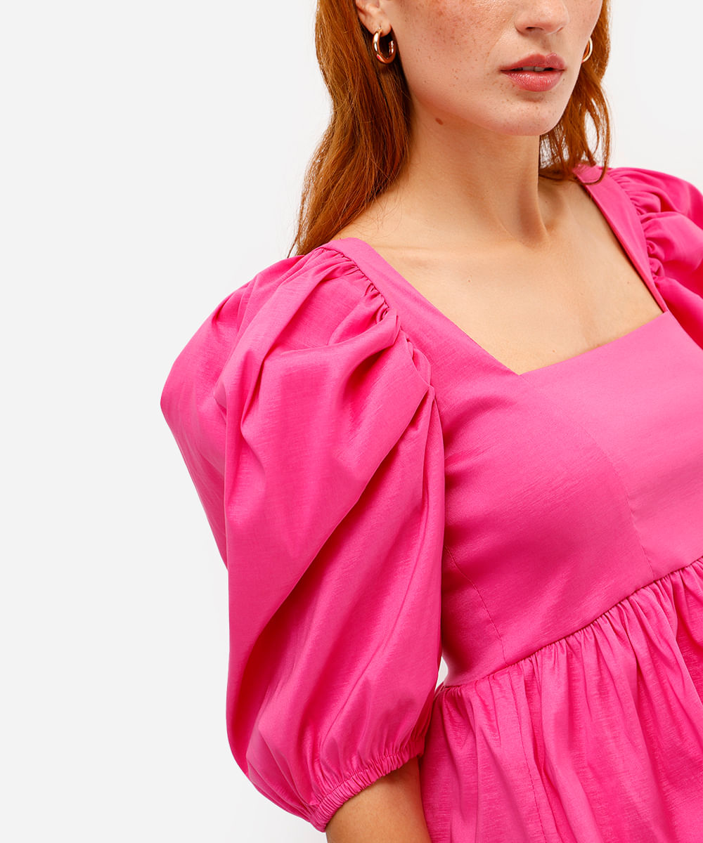 blusa peplum feminina manga bufante rosa