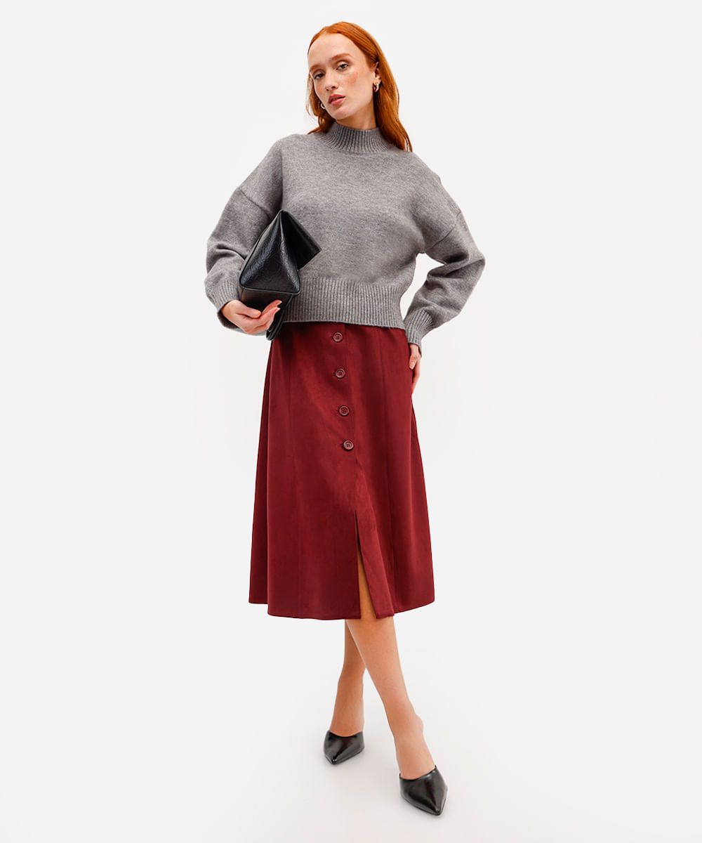 saia midi feminina de suede com fenda vinho