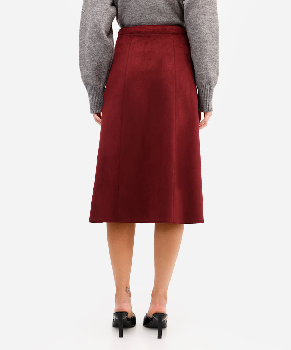 saia midi feminina de suede com fenda vinho
