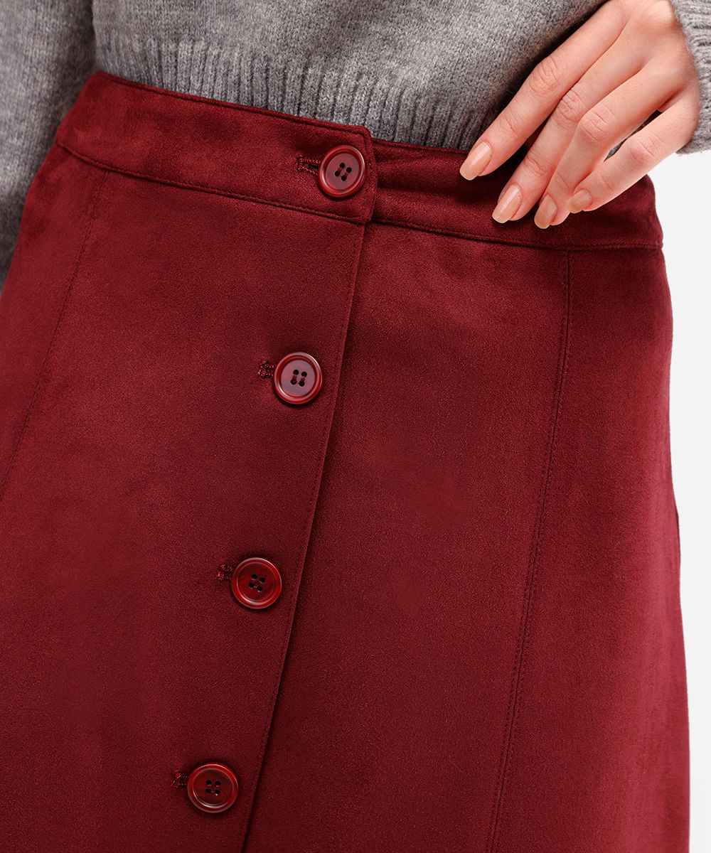 saia midi feminina de suede com fenda vinho