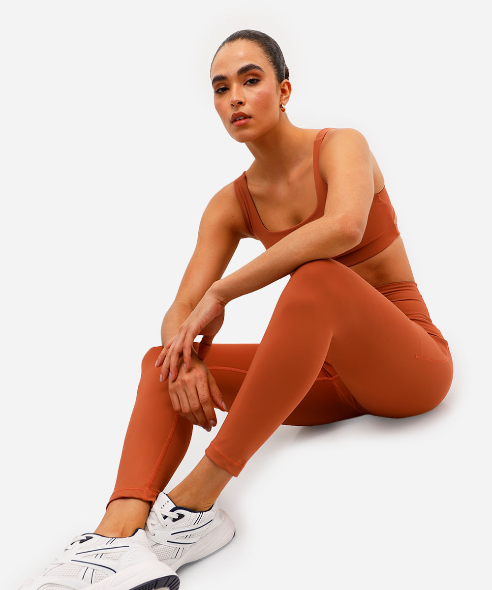 calça legging feminina esportiva ace com bolsos marrom