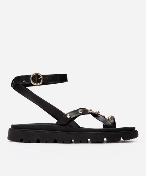 rasteirinha flatform com tiras e tachas preta