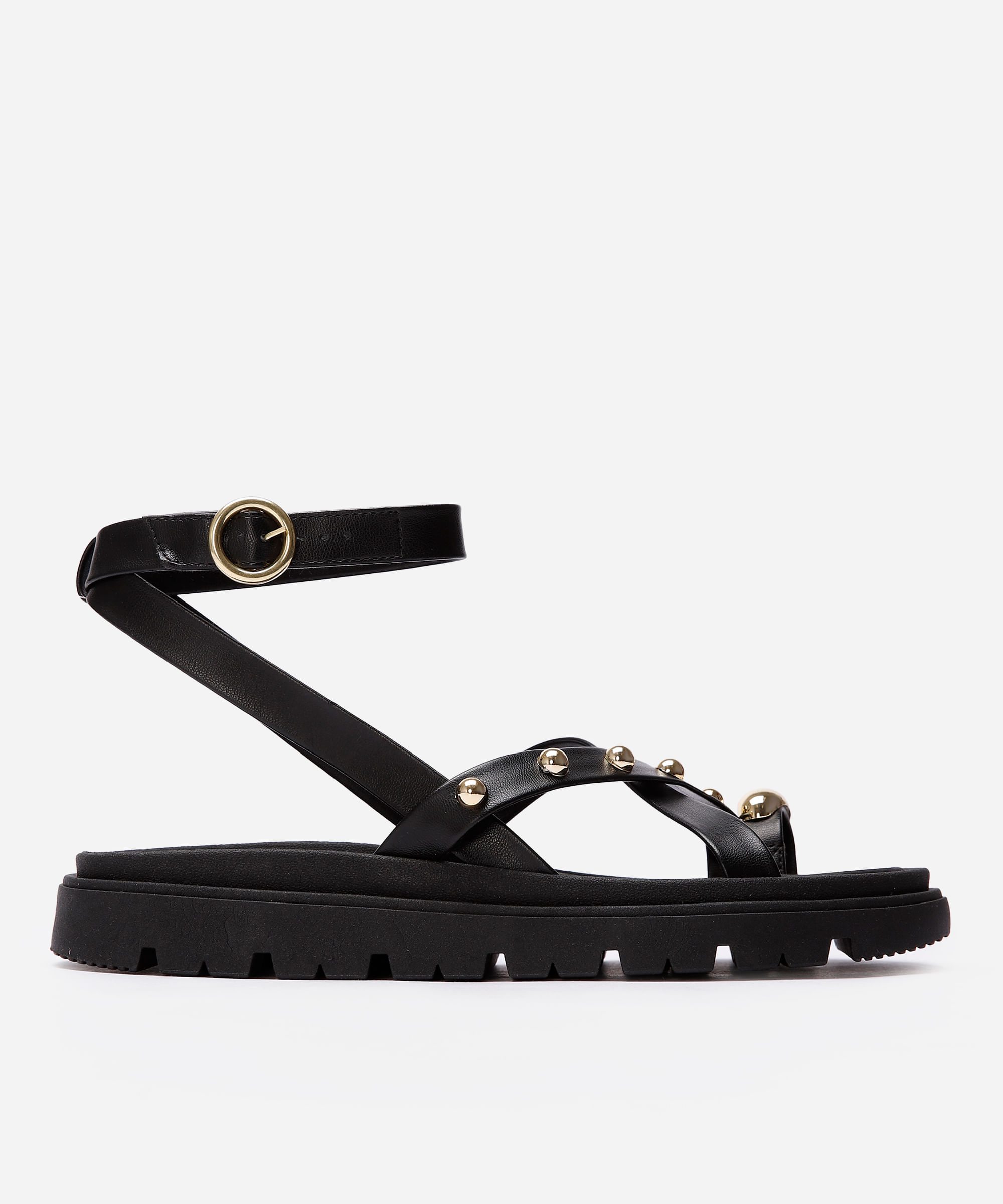 rasteirinha flatform com tiras e tachas preta