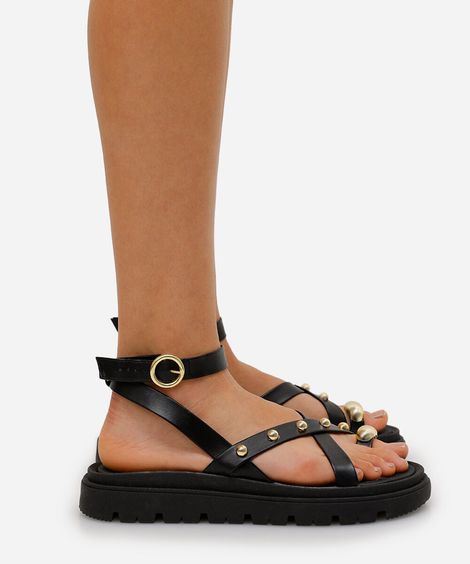 rasteirinha flatform com tiras e tachas preta