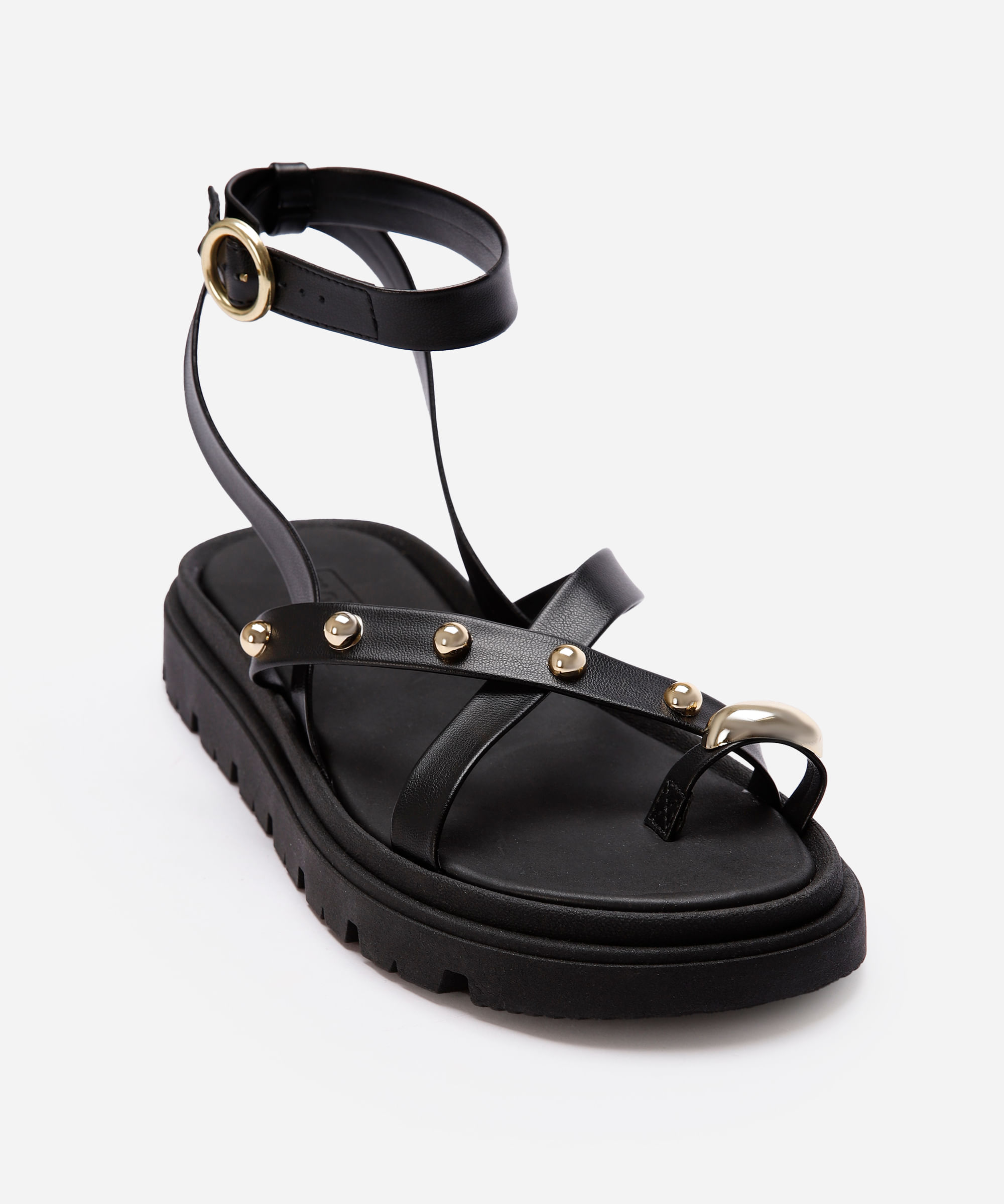 rasteirinha flatform com tiras e tachas preta