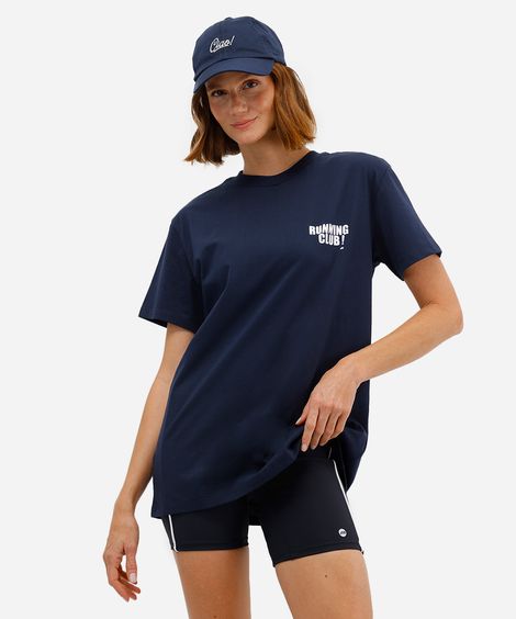 camiseta esportiva feminina de algodão running club - azul marinho