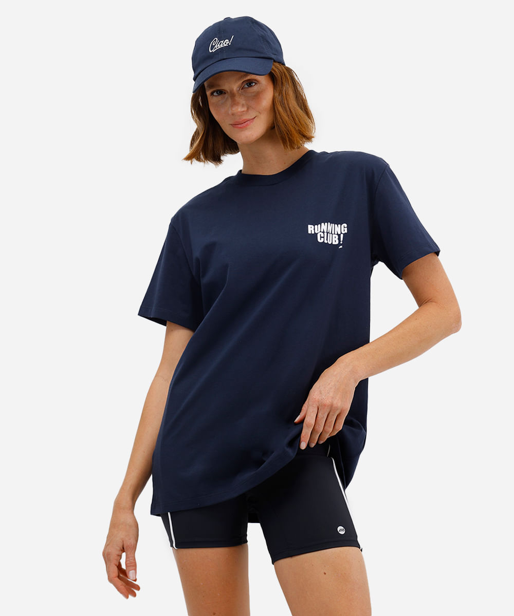 camiseta esportiva feminina de algodão running club - azul marinho