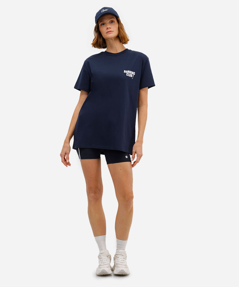 camiseta esportiva feminina de algodão running club - azul marinho