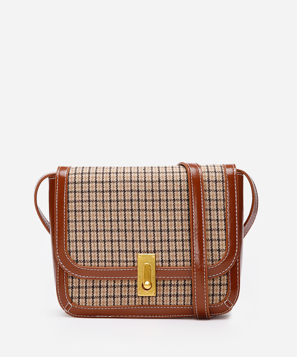 bolsa feminina transversal xadrez fecho metal marrom